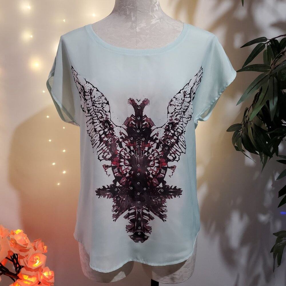 Rock & Republic Women's S Light Blue Mint Guitar Wing Rhinestone Flowy Top